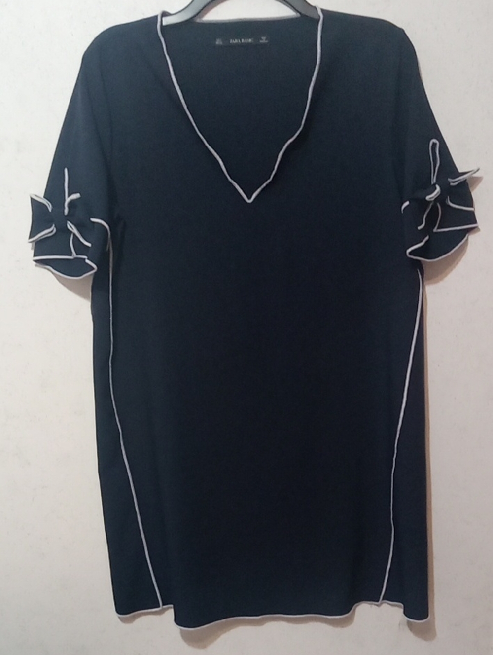 ZARA Black V-Neck Short Sleeve Tunic with White Piping